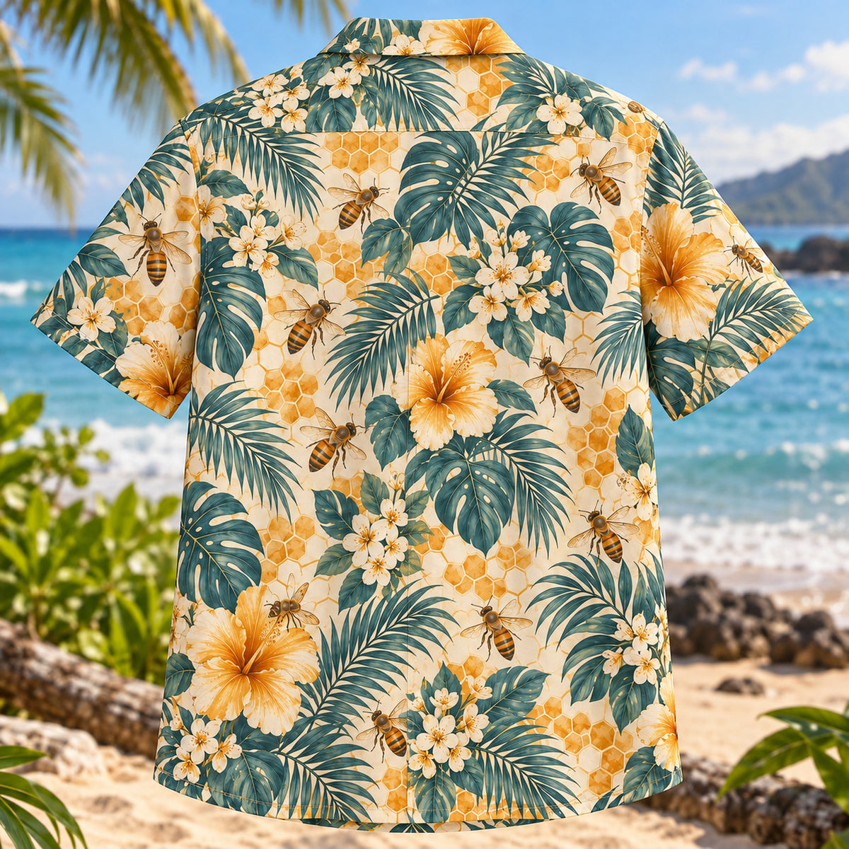 Back view of Honeycomb Palm Beekeeper Hawaiian Shirt with matching artwork in amber, teal, cream