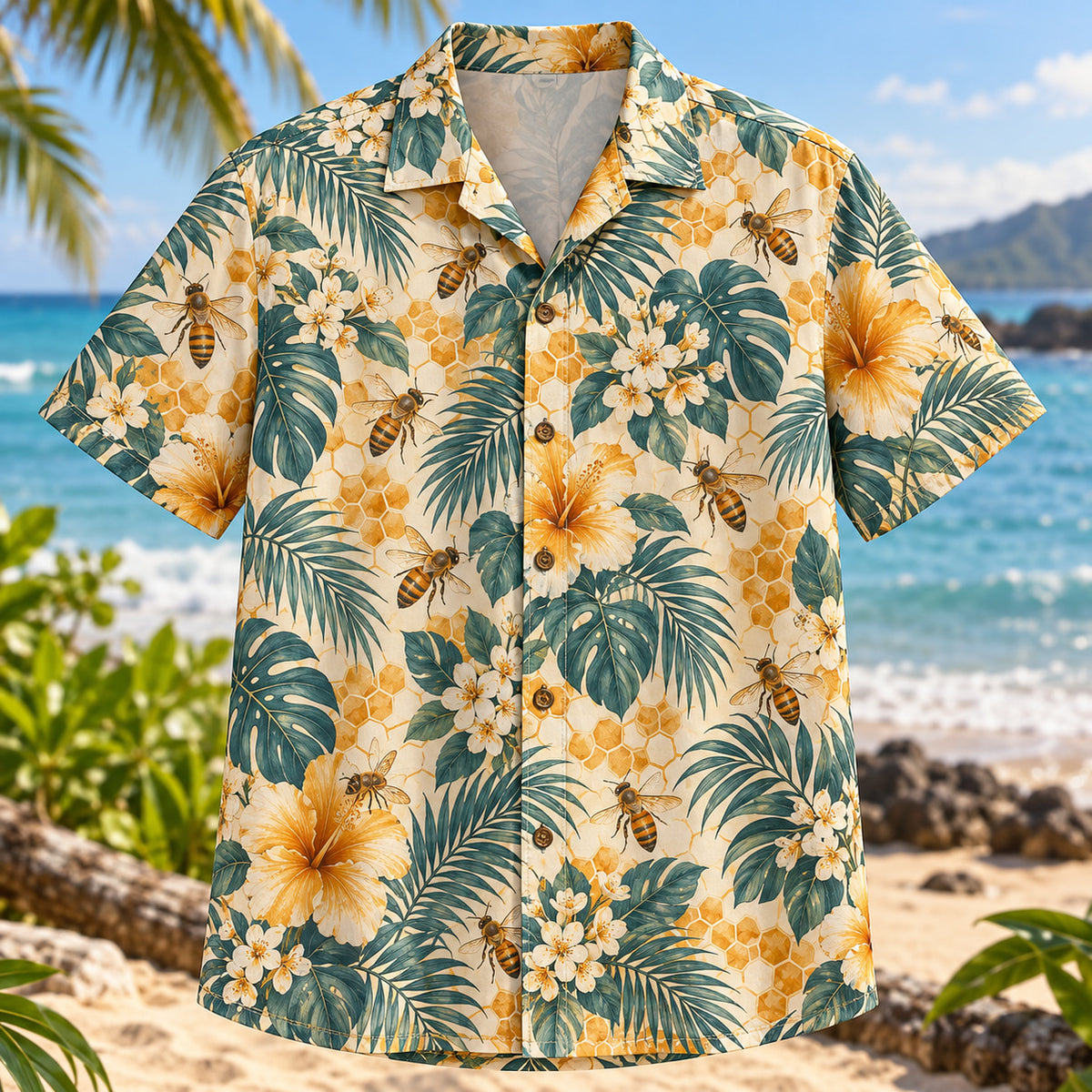 Front view of Honeycomb Palm Beekeeper Hawaiian Shirt with subtle honeycomb geometry among palm leaves and bees