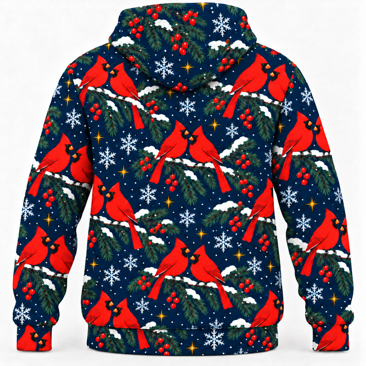 Christmas Cardinal Snowy Spruce Hoodie back mockup, seamless rear hood with printed exterior only