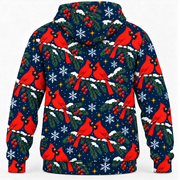 Christmas Cardinal Snowy Spruce Hoodie back mockup, seamless rear hood with printed exterior only