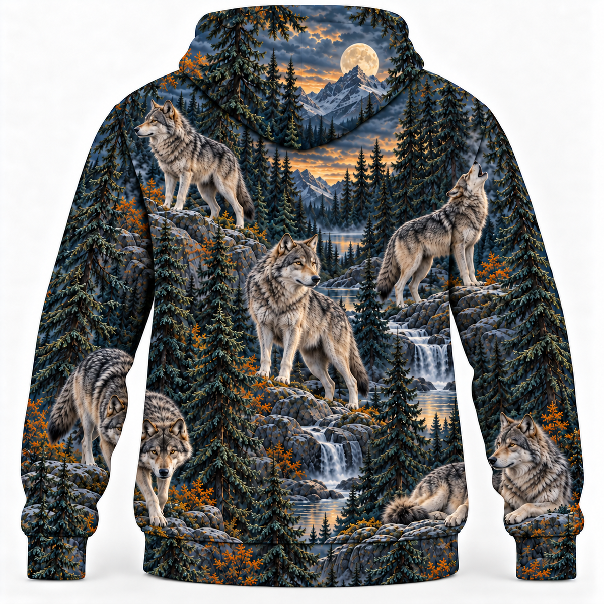 Wolf Northern Pines hoodie back all over print mockup