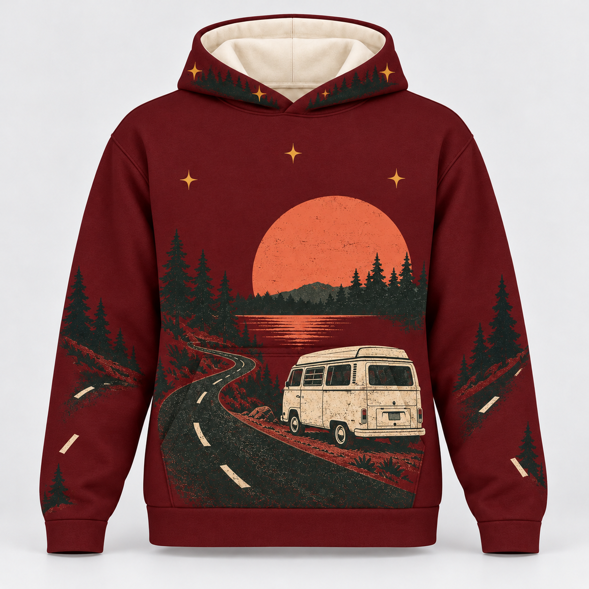 Camp Van Sunset camping hoodie front mockup