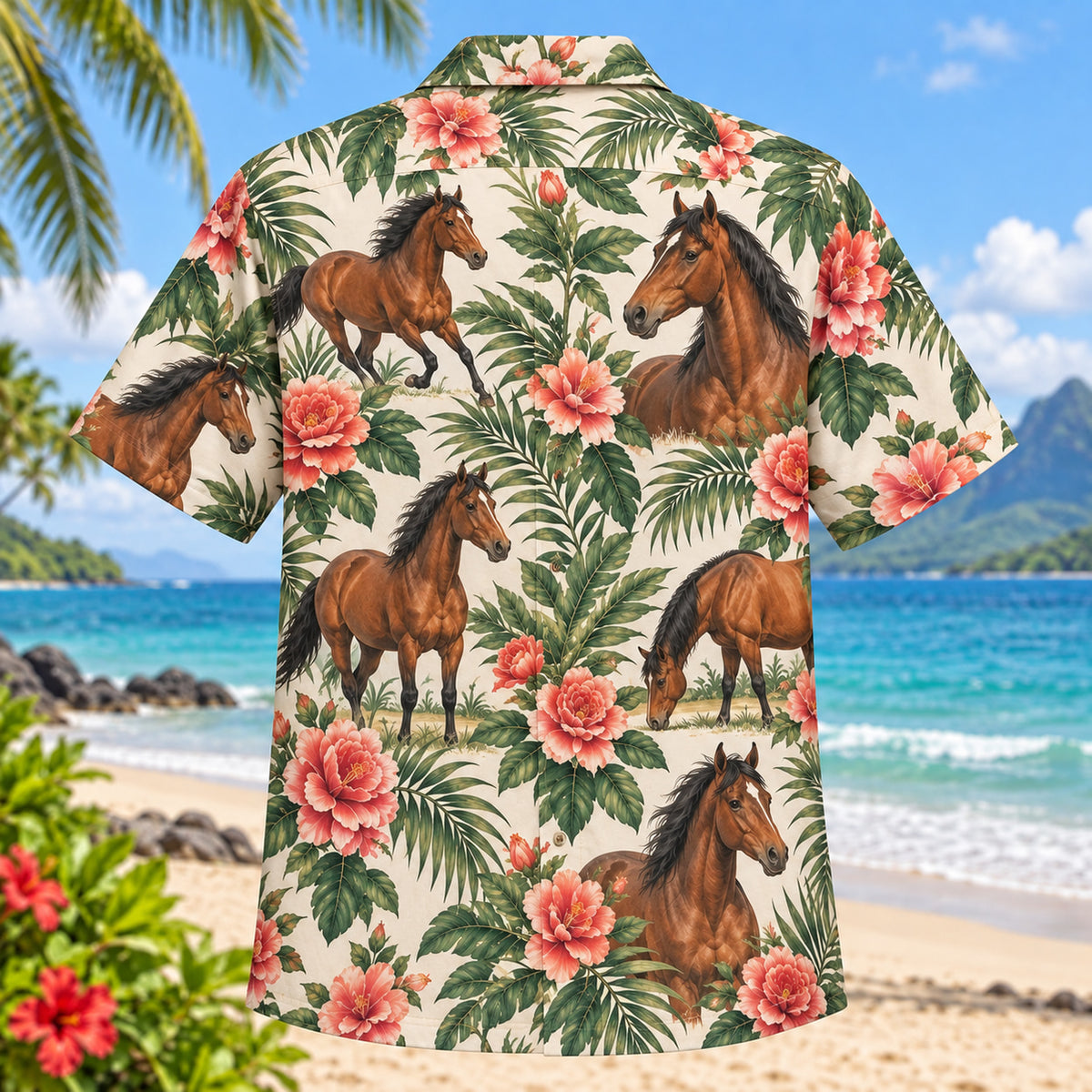 Back view of Horse Rose Garden Horse Hawaiian Shirt with matching artwork in rose, olive, cream