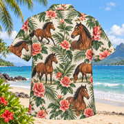 Back view of Horse Rose Garden Horse Hawaiian Shirt with matching artwork in rose, olive, cream