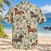 Back view of Horse Shoe Vine Horse Hawaiian Shirt with matching artwork in forest, cream, bronze