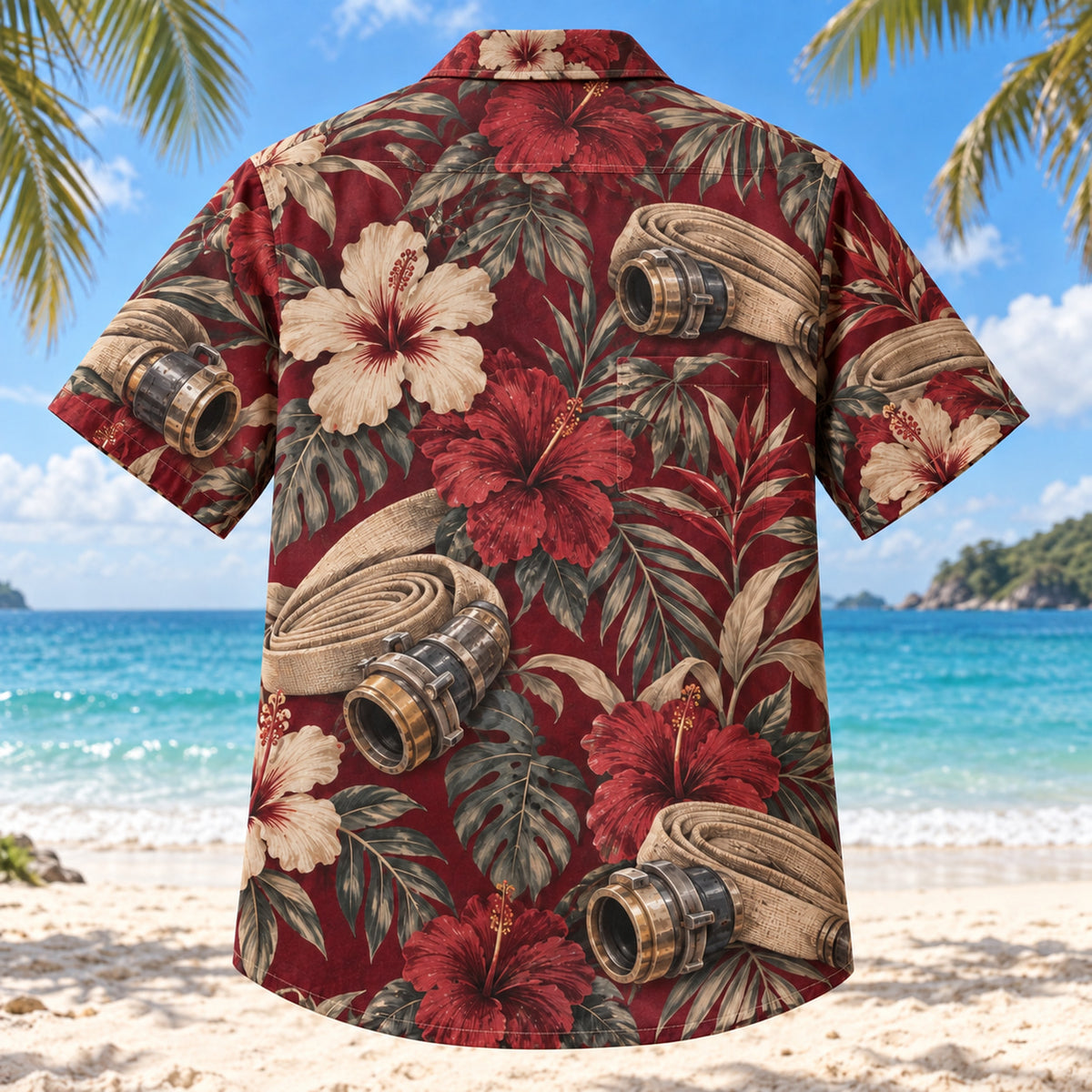 Back view of Hose Coupling Firefighter Hawaiian Shirt with matching artwork in burgundy, beige, charcoal
