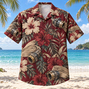 Front view of Hose Coupling Firefighter Hawaiian Shirt with original hose coupling motifs, with tropical botanical accents; no text or branded equipment