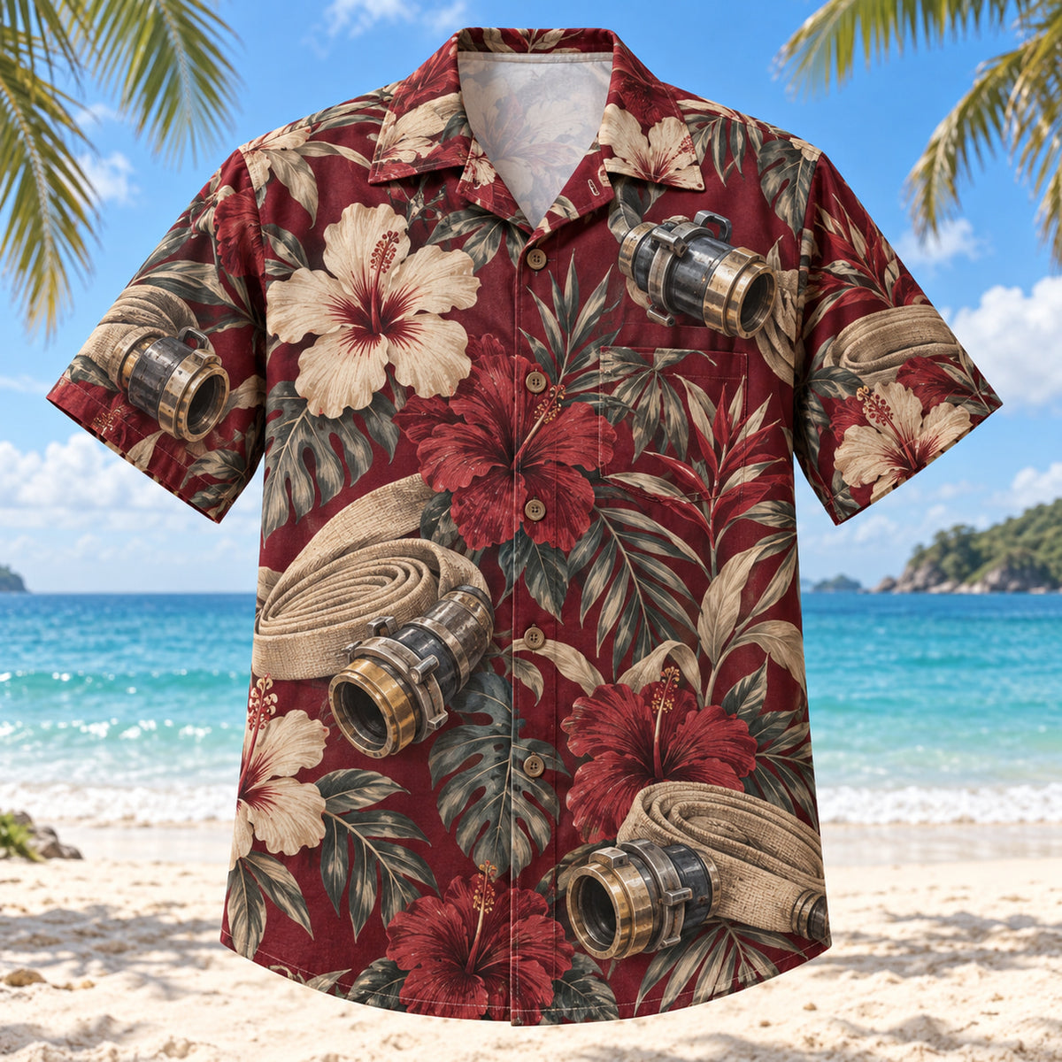 Front view of Hose Coupling Firefighter Hawaiian Shirt with original hose coupling motifs, with tropical botanical accents; no text or branded equipment