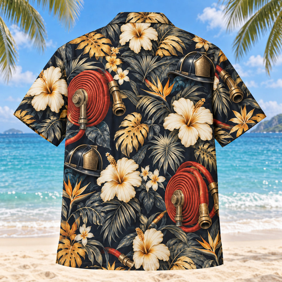 Back view of Hose Reel Firefighter Hawaiian Shirt with matching artwork in midnight, amber, ivory