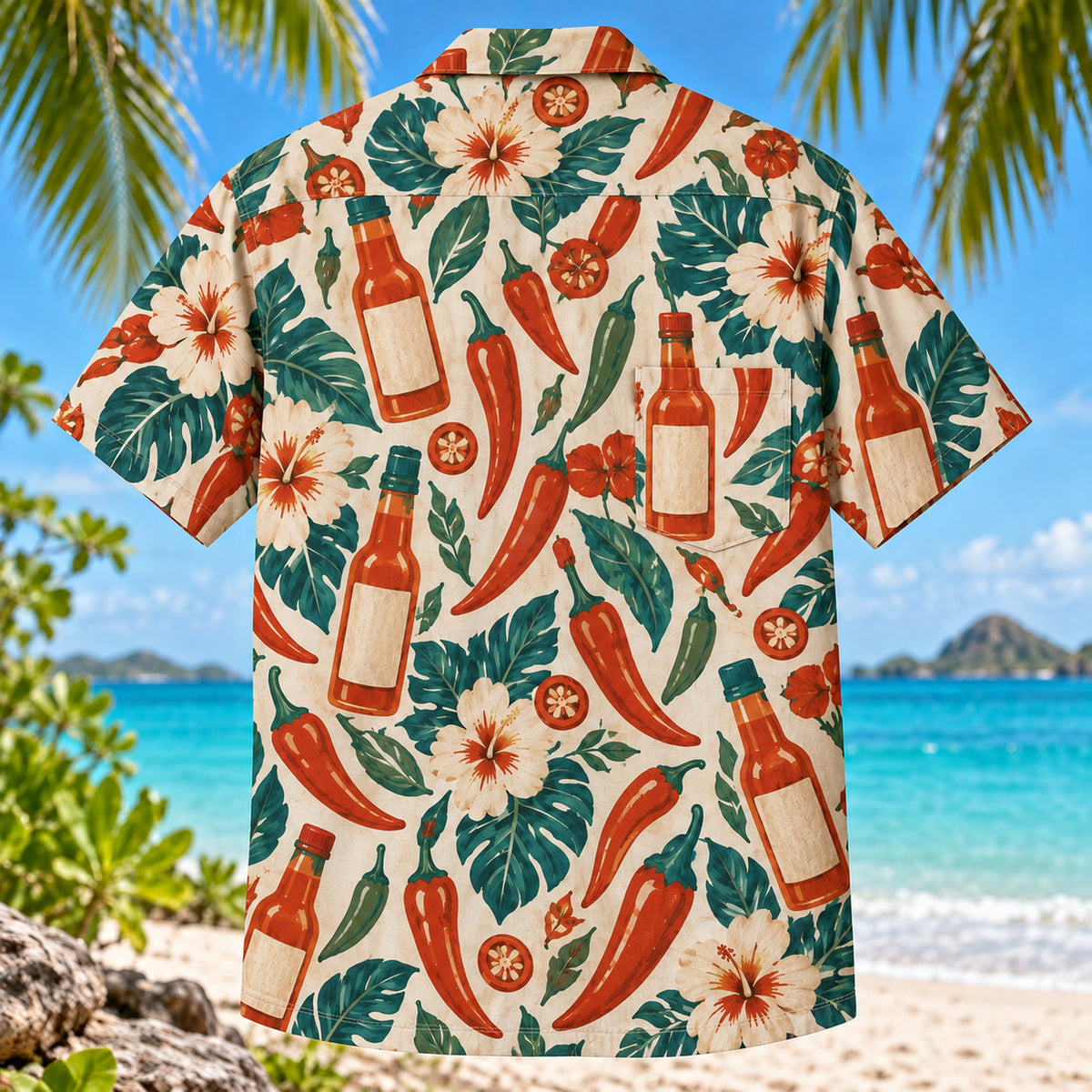 Back view of Hot Sauce Bottle Chili Pepper Hawaiian Shirt with matching artwork in rust, teal, cream