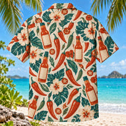 Back view of Hot Sauce Bottle Chili Pepper Hawaiian Shirt with matching artwork in rust, teal, cream