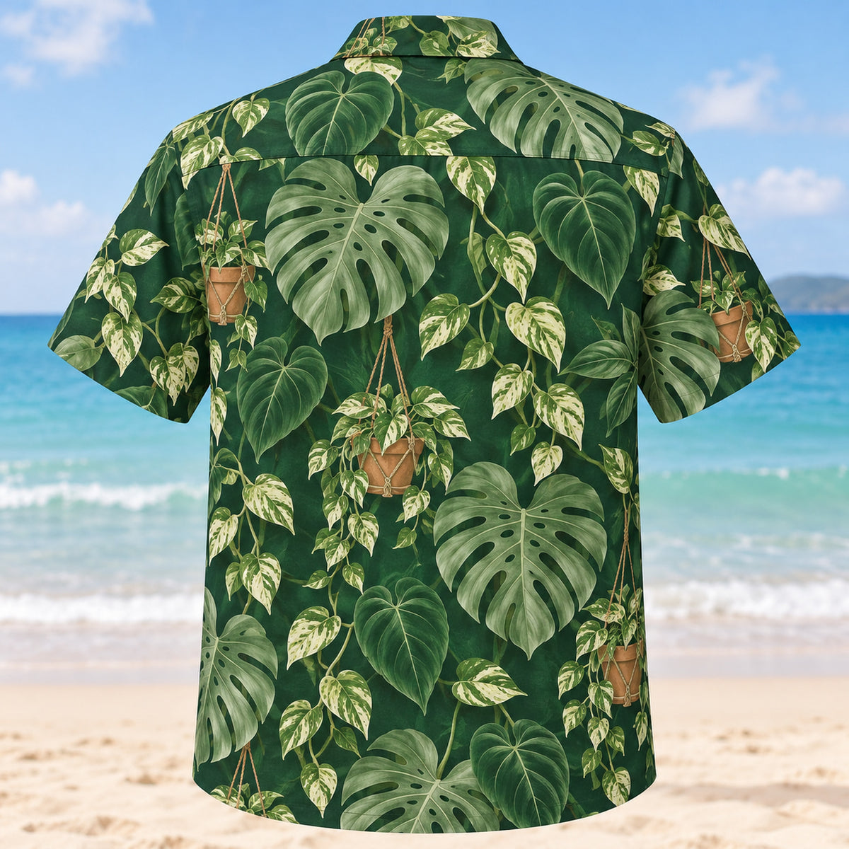 Back view of Houseplant Collector Hawaiian Shirt with monstera, philodendron and pothos