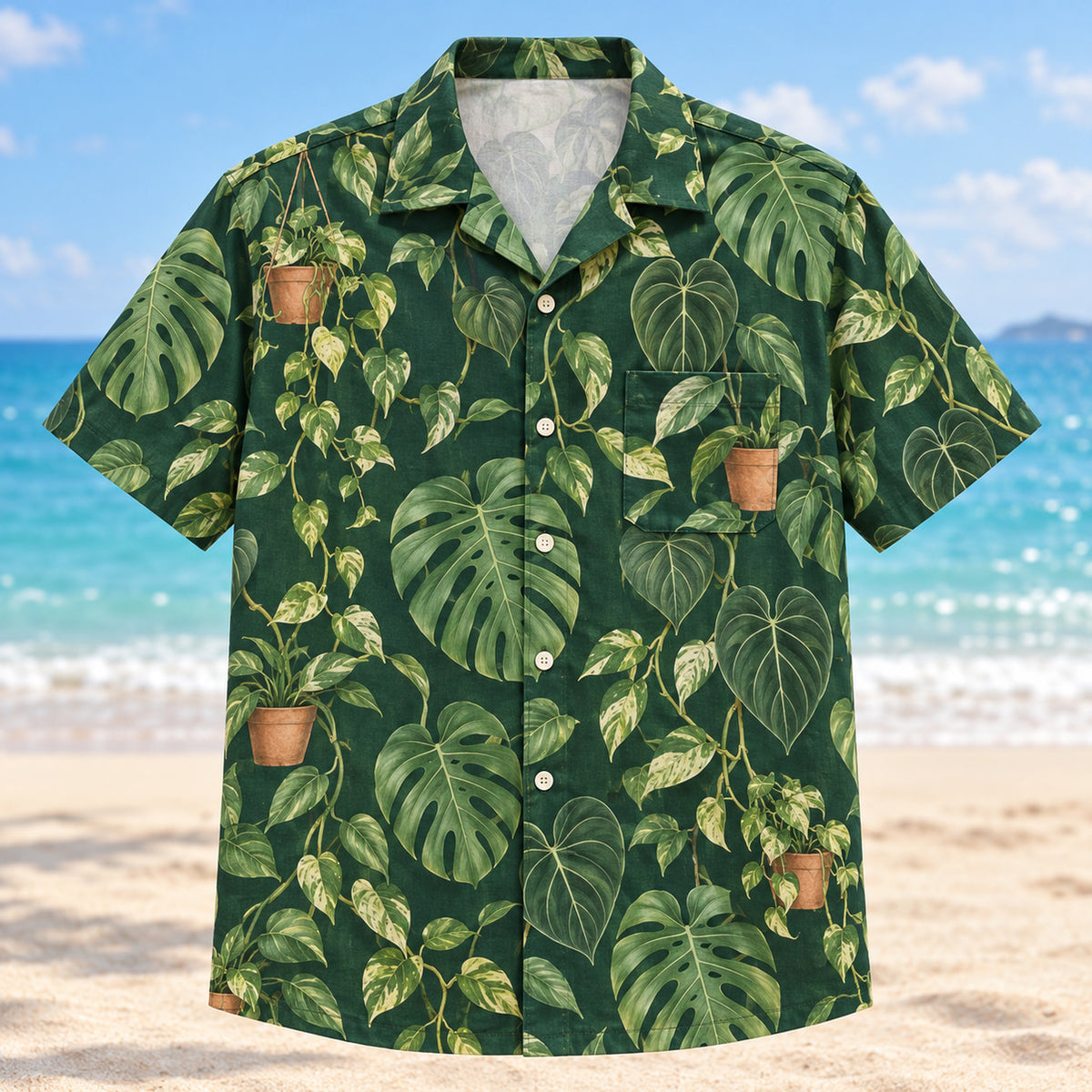 Front view of Houseplant Collector Hawaiian Shirt with monstera, philodendron and pothos