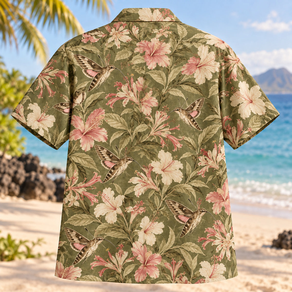Back view of Hawk Moth Garden Butterfly and Moth Hawaiian Shirt with matching artwork in olive, rose, cream