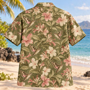 Back view of Hawk Moth Garden Butterfly and Moth Hawaiian Shirt with matching artwork in olive, rose, cream