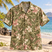 Front view of Hawk Moth Garden Butterfly and Moth Hawaiian Shirt with hummingbird hawk moths among nectar flowers