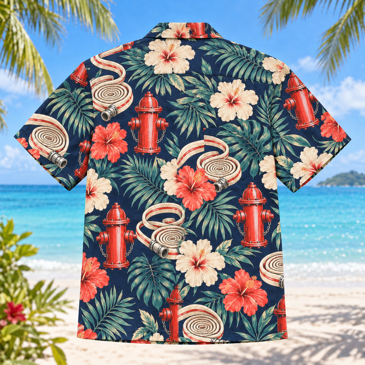 Back view of Hydrant Firefighter Hawaiian Shirt with matching artwork in navy, cream, coral