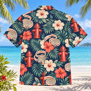 Back view of Hydrant Firefighter Hawaiian Shirt with matching artwork in navy, cream, coral