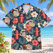 Front view of Hydrant Firefighter Hawaiian Shirt with original hydrant motifs, with tropical botanical accents; no text or branded equipment