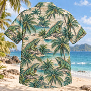 Back view of Iguana Coast Reptile Hawaiian Shirt with matching artwork in jade, teal, sand
