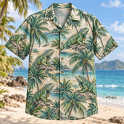 Front view of Iguana Coast Reptile Hawaiian Shirt with green iguanas among coastal palms