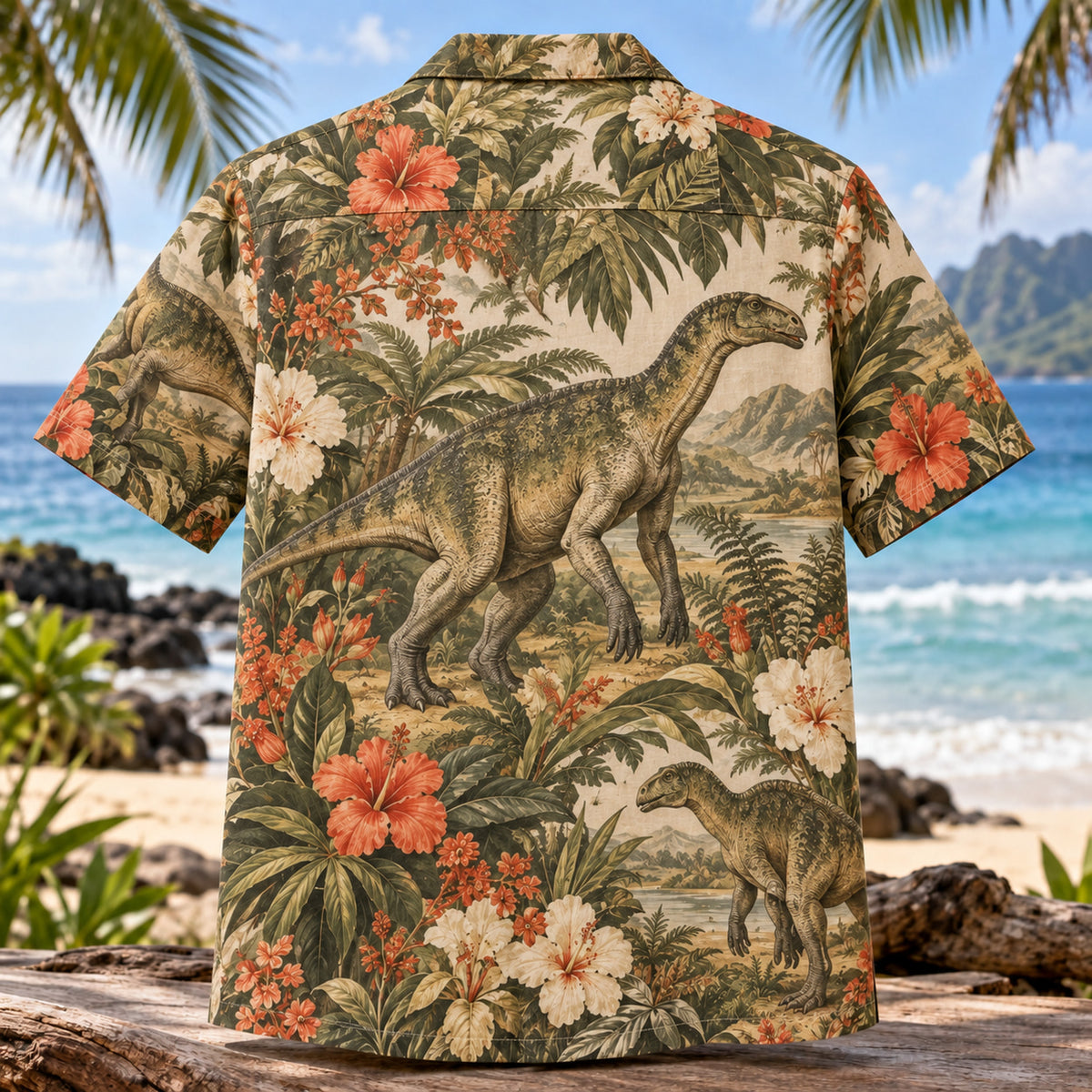 Back view of Iguanodon Garden Dinosaur Hawaiian Shirt with matching artwork in olive, coral, cream