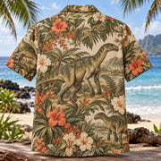 Back view of Iguanodon Garden Dinosaur Hawaiian Shirt with matching artwork in olive, coral, cream