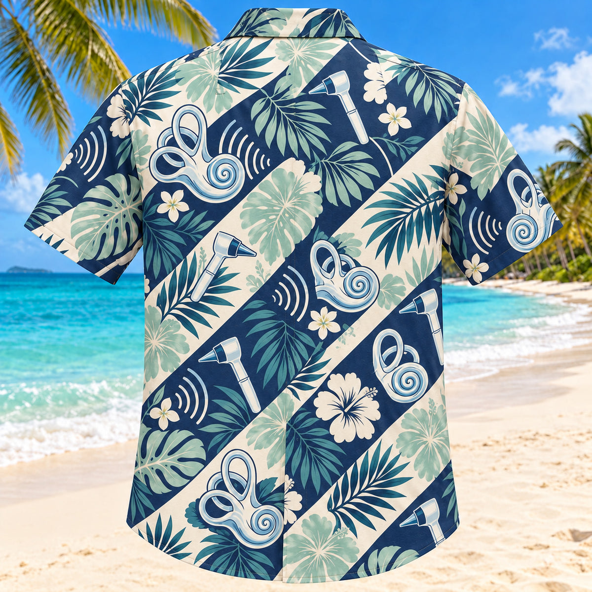 Back view of Inner Ear Garden Navy Audiologist Hawaiian Shirt with matching artwork in navy, aqua, warm cream
