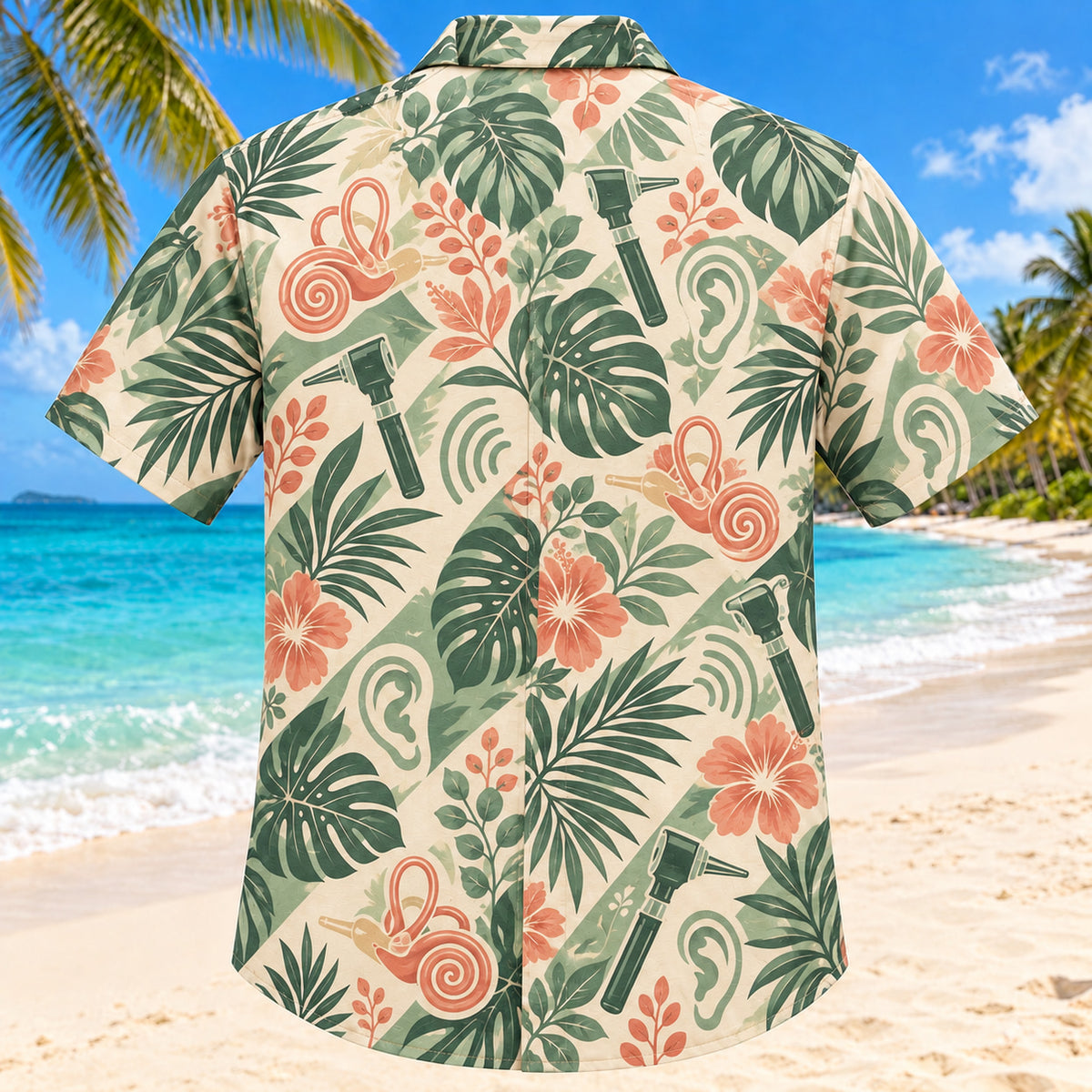 Back view of Inner Ear Garden Sage Audiologist Hawaiian Shirt with matching artwork in sage, sand, coral