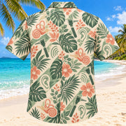 Back view of Inner Ear Garden Sage Audiologist Hawaiian Shirt with matching artwork in sage, sand, coral