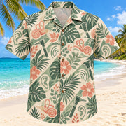 Front view of Inner Ear Garden Sage Audiologist Hawaiian Shirt with original original stylized inner-ear shapes and leaves in a relaxed botanical clusters