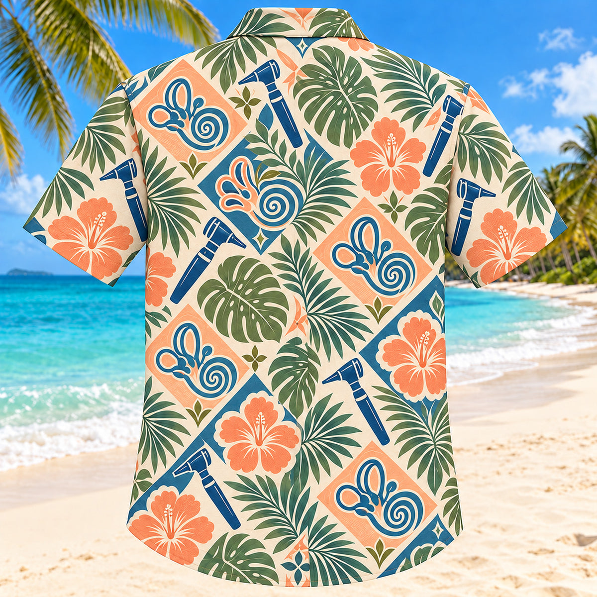 Back view of Inner Ear Garden Sunset Audiologist Hawaiian Shirt with matching artwork in sunset peach, sea blue, olive