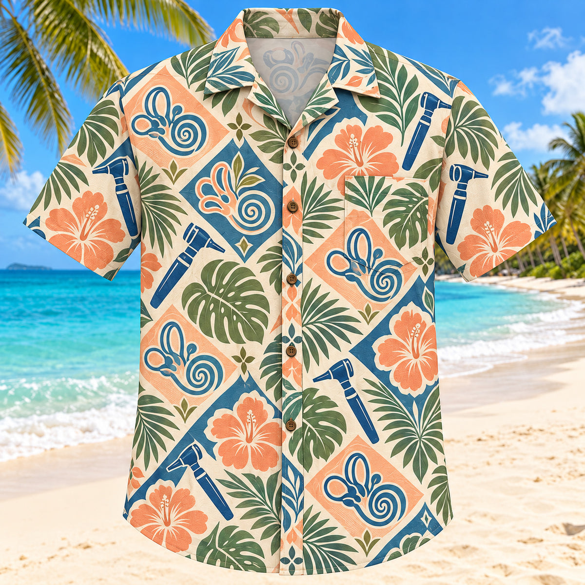 Front view of Inner Ear Garden Sunset Audiologist Hawaiian Shirt with original original stylized inner-ear shapes and leaves in a loose geometric medallions