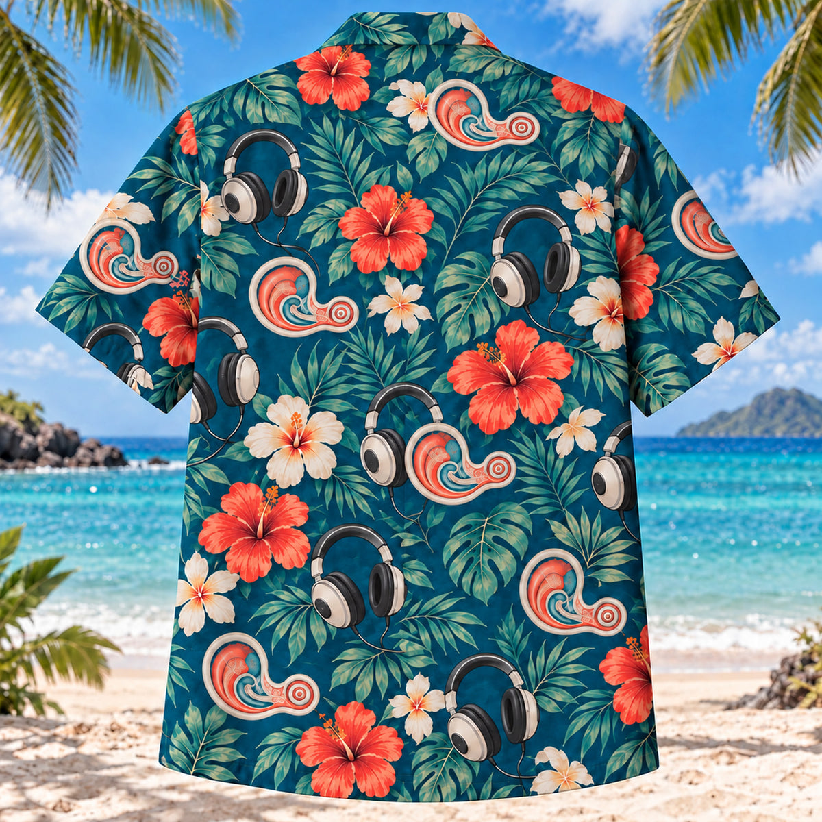 Back view of Inner Ear Garden Teal Audiologist Hawaiian Shirt with continuous seamless back panel