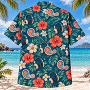 Back view of Inner Ear Garden Teal Audiologist Hawaiian Shirt with continuous seamless back panel