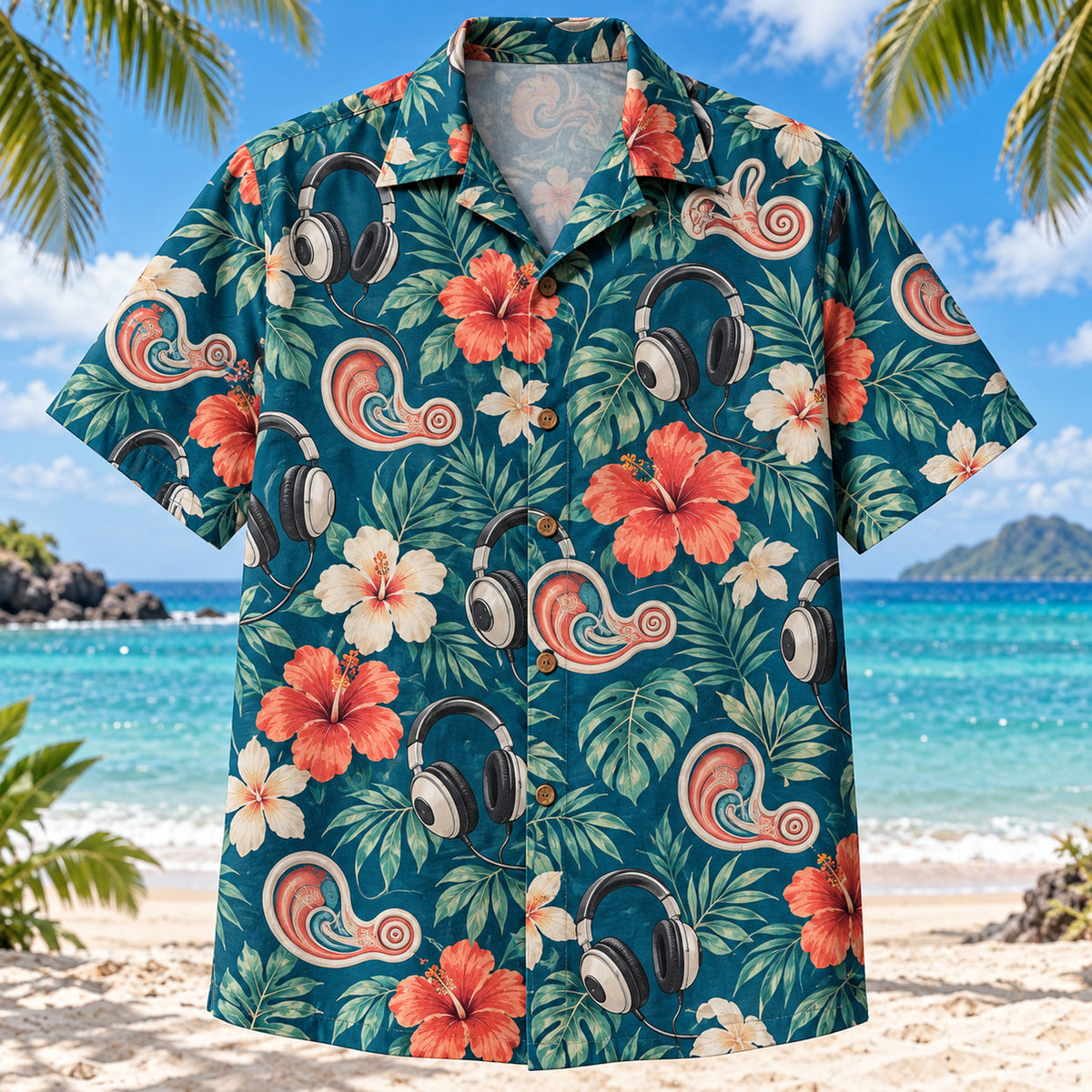 Front view of Inner Ear Garden Teal Audiologist Hawaiian Shirt with original original stylized inner-ear shapes and leaves in a airy diagonal repeat