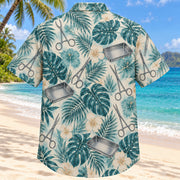 Back view of Instrument Garden Aqua Sand Surgical Technologist Hawaiian Shirt on a Hawaiian beach with fine white or light yellow sand and no dark rocks