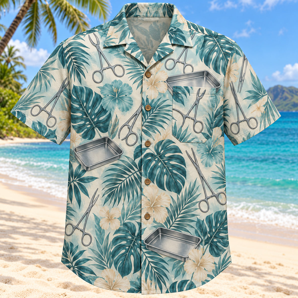 Instrument Garden Aqua Sand Surgical Technologist Hawaiian Shirt