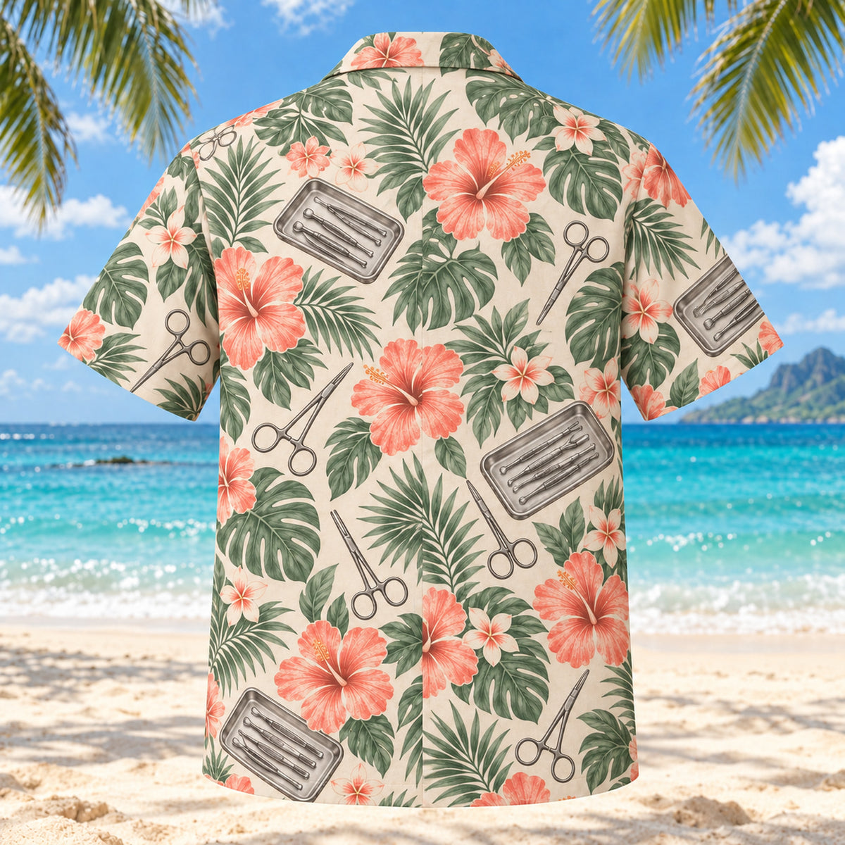 Back view of Instrument Garden Coral Sage Surgical Technologist Hawaiian Shirt with matching artwork in soft coral, sage, cream