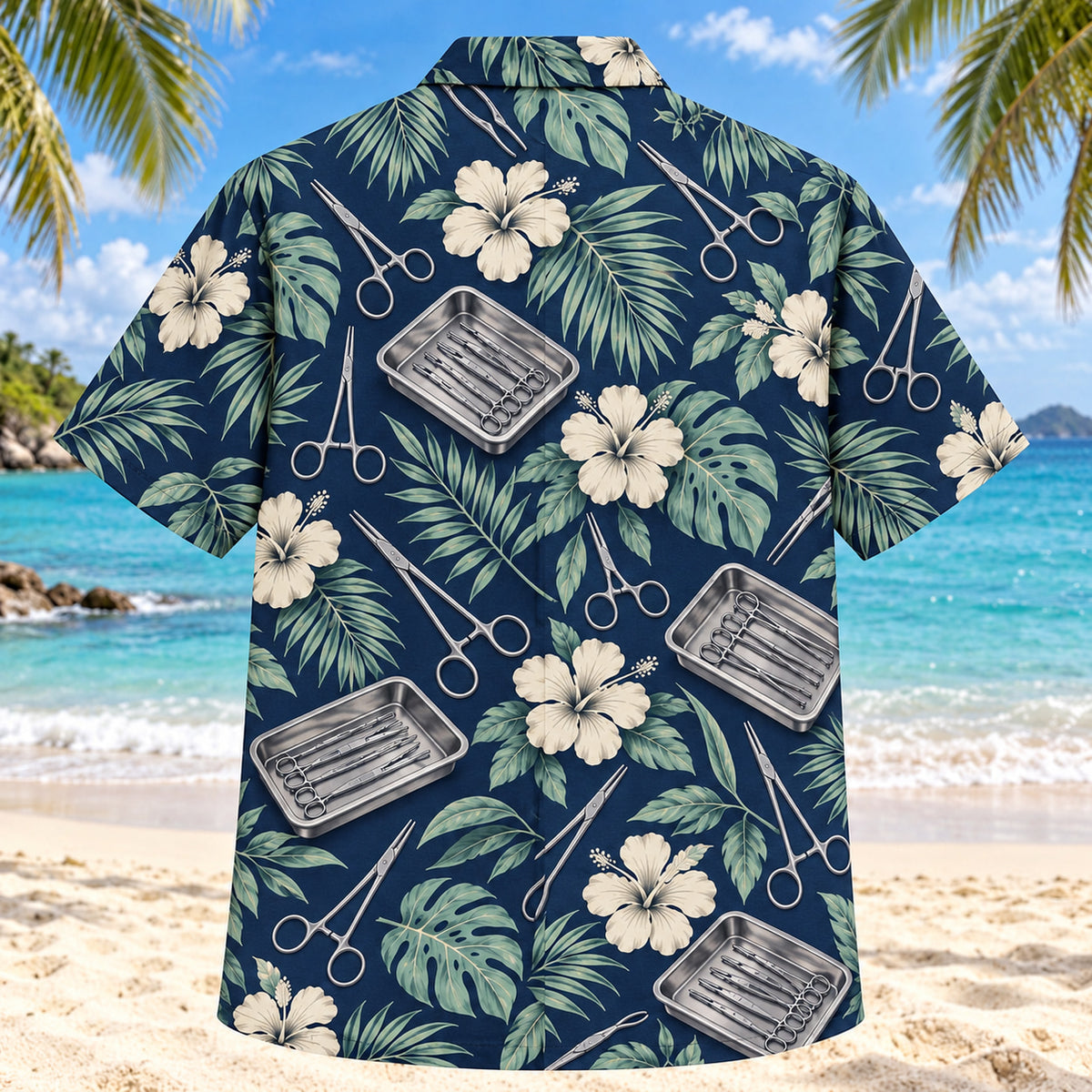 Back view of Instrument Garden Navy Cream Surgical Technologist Hawaiian Shirt with matching artwork in navy, warm ivory, pale seafoam