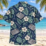 Back view of Instrument Garden Navy Cream Surgical Technologist Hawaiian Shirt with matching artwork in navy, warm ivory, pale seafoam