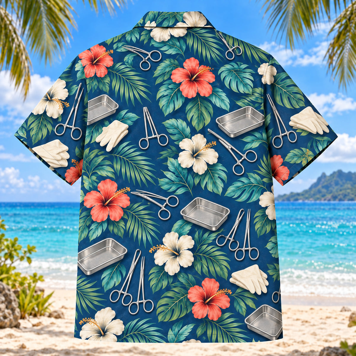 Back view of Instrument Garden Surgical Technologist Hawaiian Shirt with matching artwork in ocean blue, sea-glass green, ivory, coral