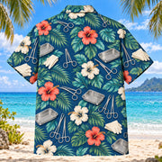 Back view of Instrument Garden Surgical Technologist Hawaiian Shirt with matching artwork in ocean blue, sea-glass green, ivory, coral