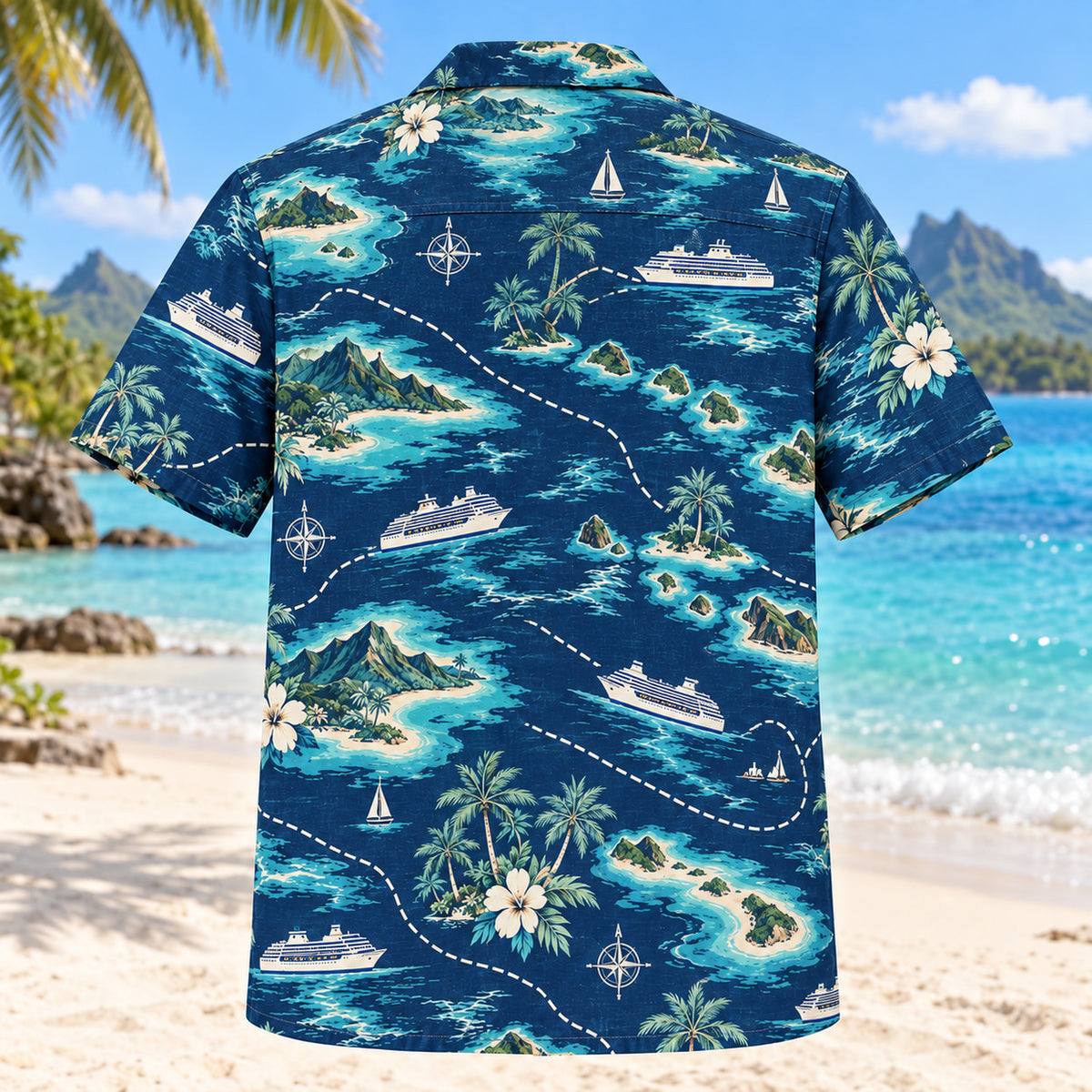 Back view of Island Itinerary Cruise Travel Hawaiian Shirt with matching artwork in navy, turquoise, ivory