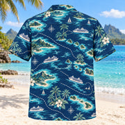 Back view of Island Itinerary Cruise Travel Hawaiian Shirt with matching artwork in navy, turquoise, ivory