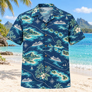 Front view of Island Itinerary Cruise Travel Hawaiian Shirt with original, text-free illustrations of unbranded route lines, islands and fictional ships