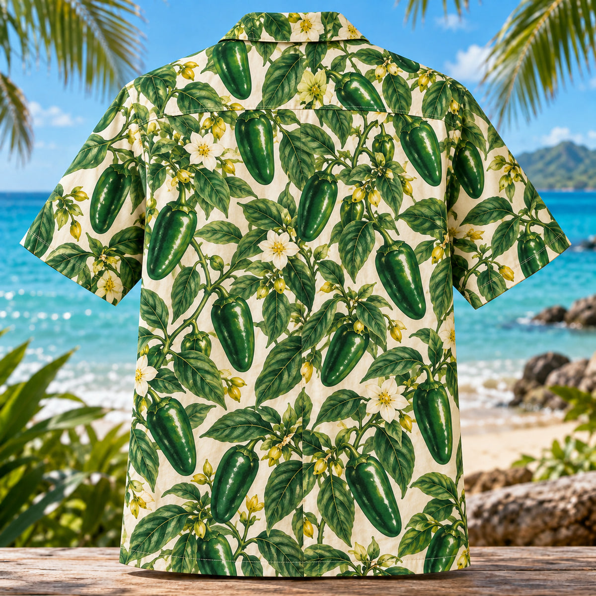 Back view of Jalapeno Garden Chili Pepper Hawaiian Shirt with matching artwork in emerald, yellow, ivory