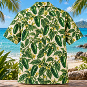 Back view of Jalapeno Garden Chili Pepper Hawaiian Shirt with matching artwork in emerald, yellow, ivory