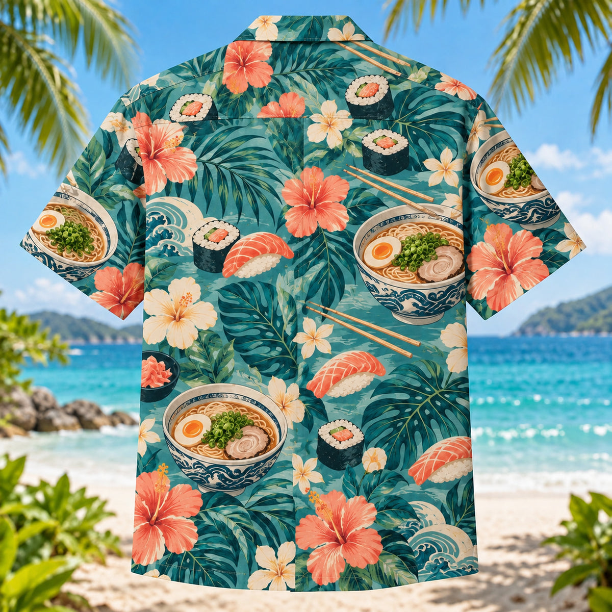 Back view of Japanese Food Feast Japanese Food Hawaiian Shirt with matching artwork in teal, salmon, cream