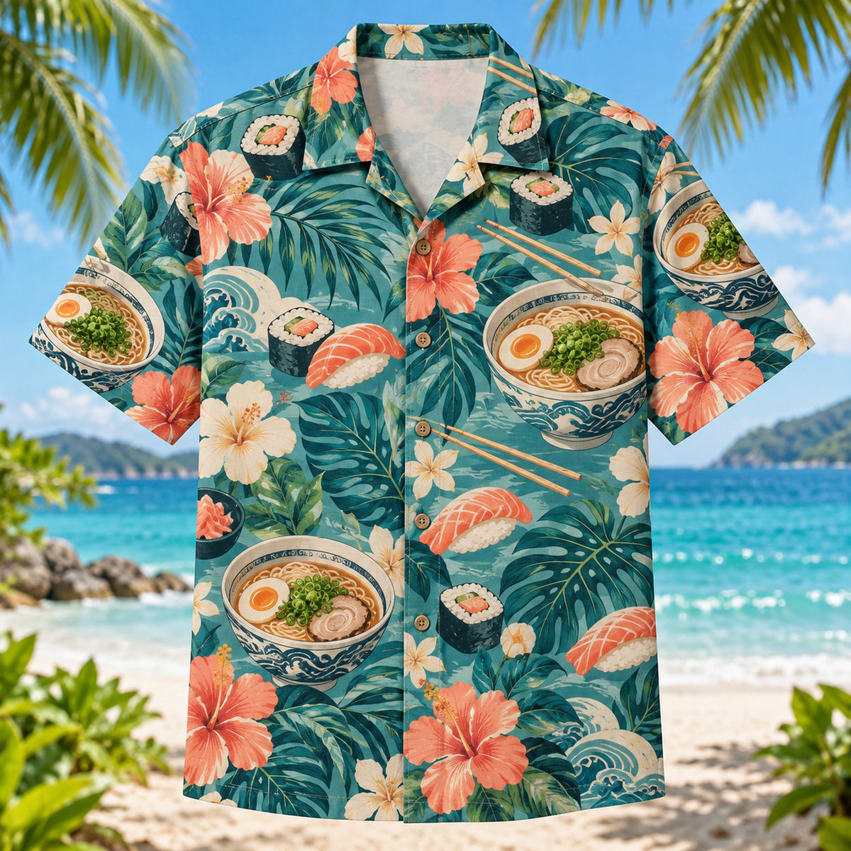 Front view of Japanese Food Feast Japanese Food Hawaiian Shirt with original sushi and ramen illustrations among tropical leaves